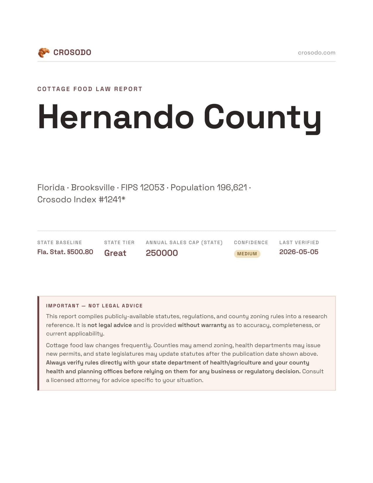 Cover of Hernando County county cottage food report
