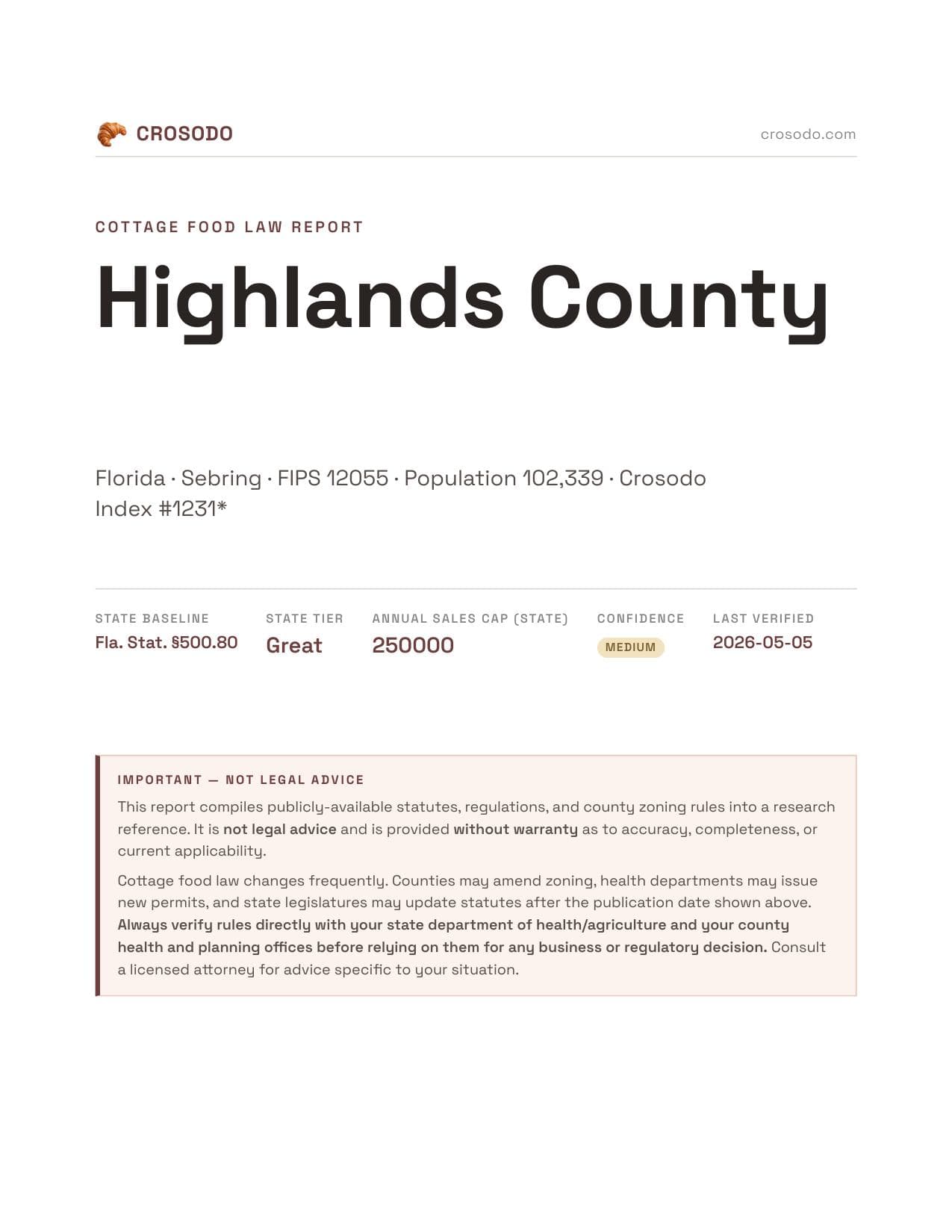 Cover of Highlands County county cottage food report