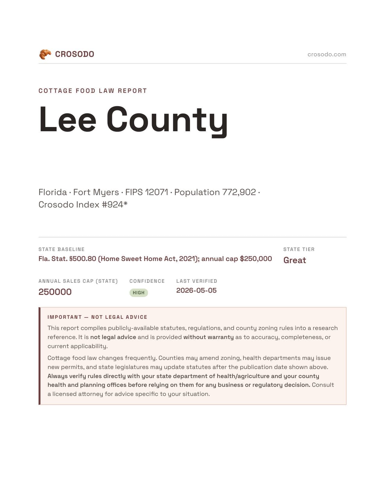 Cover of Lee County county cottage food report