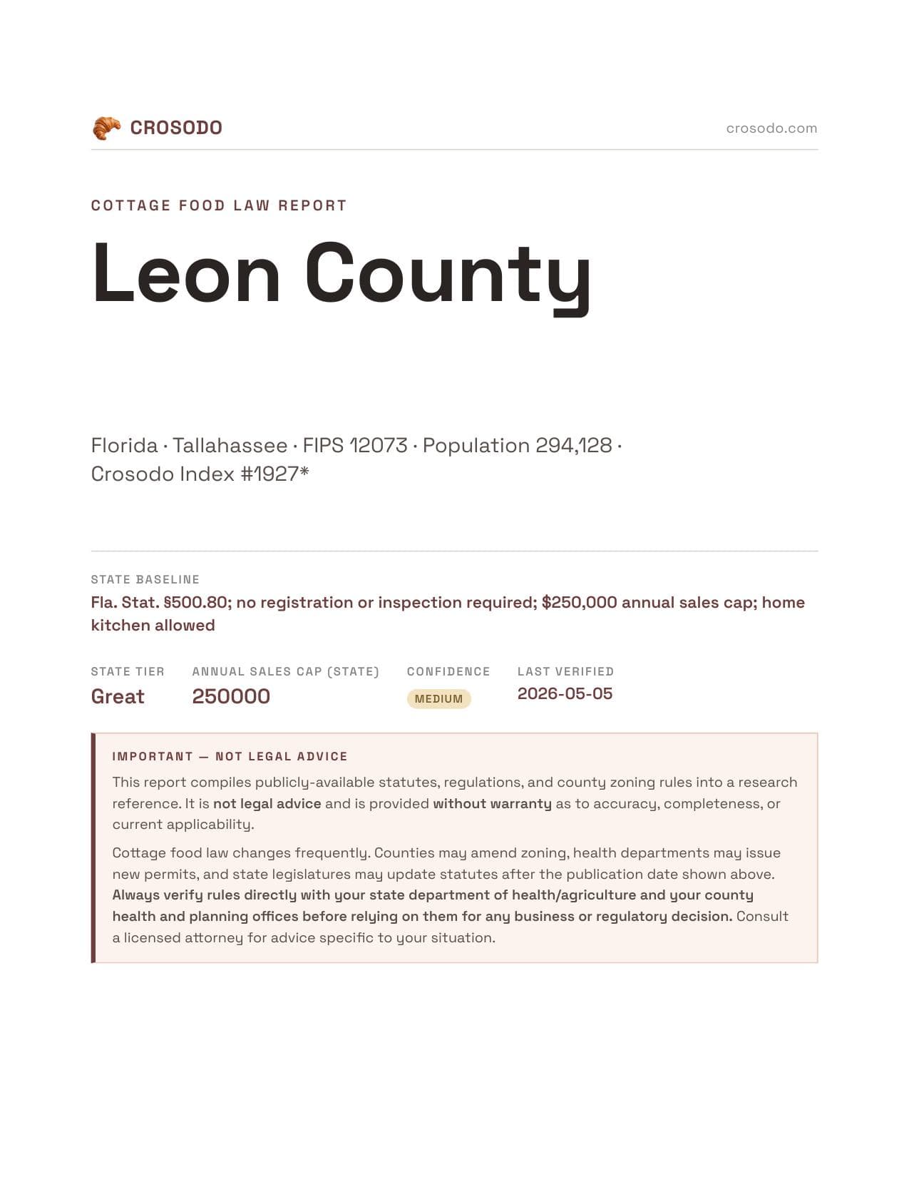 Cover of Leon County county cottage food report