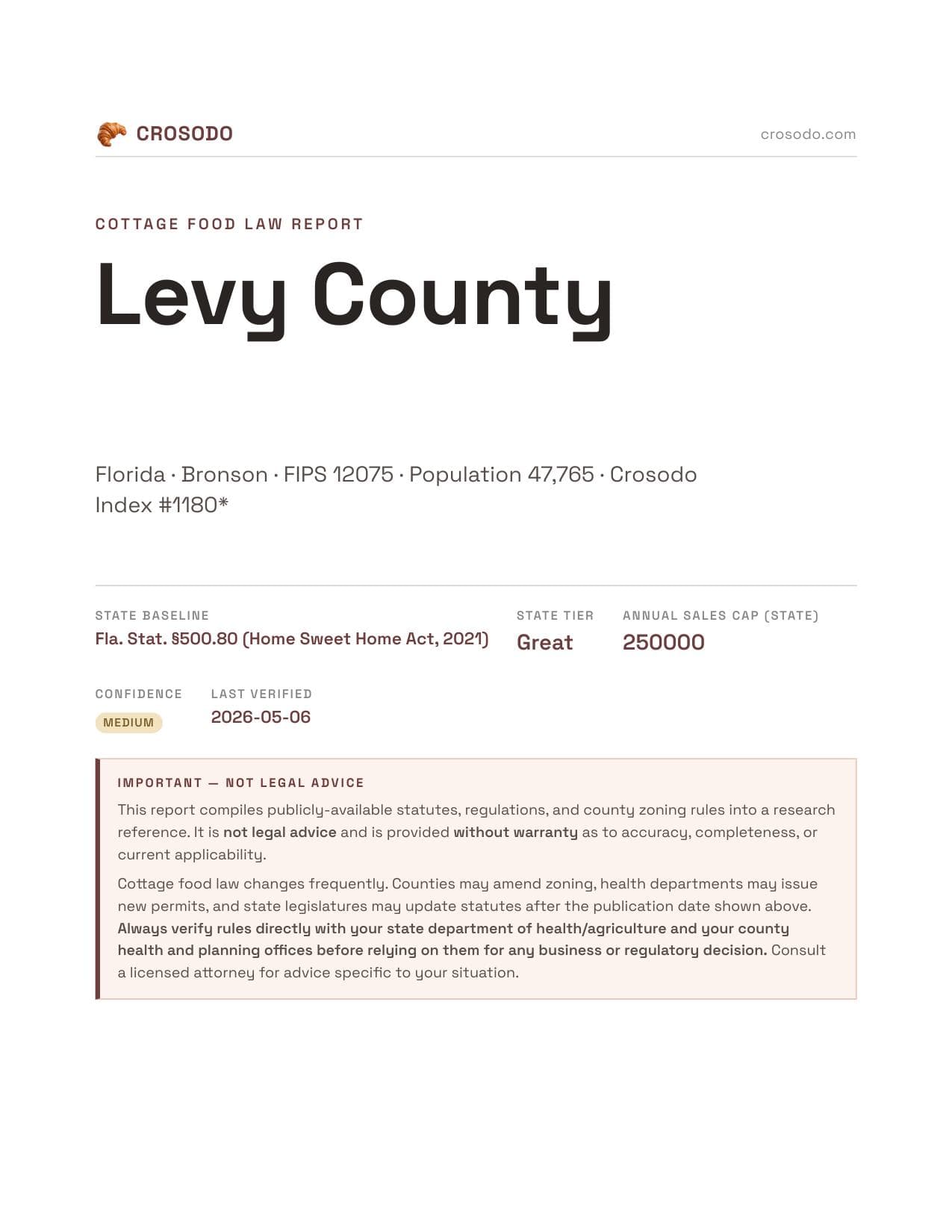 Cover of Levy County county cottage food report