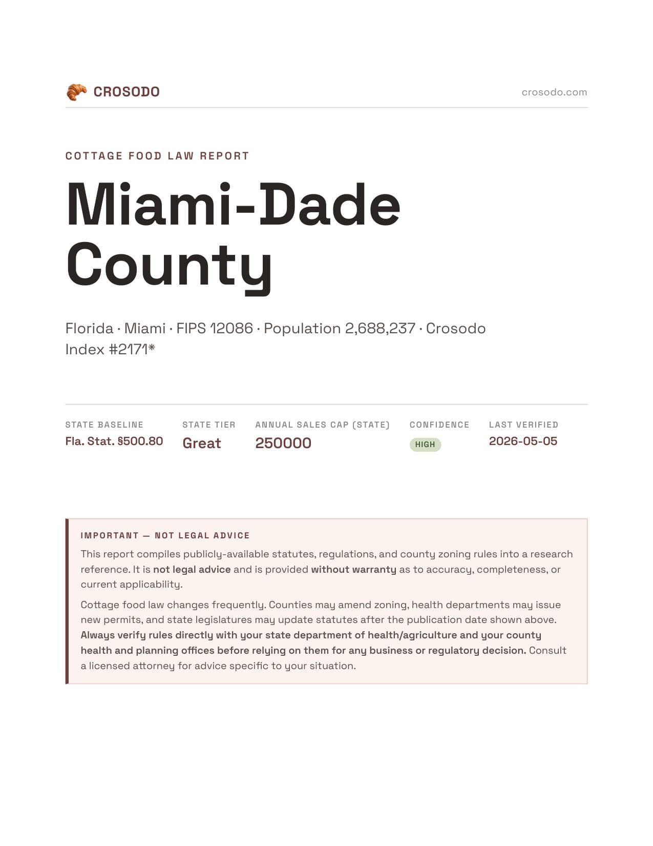 Cover of Miami-Dade County county cottage food report