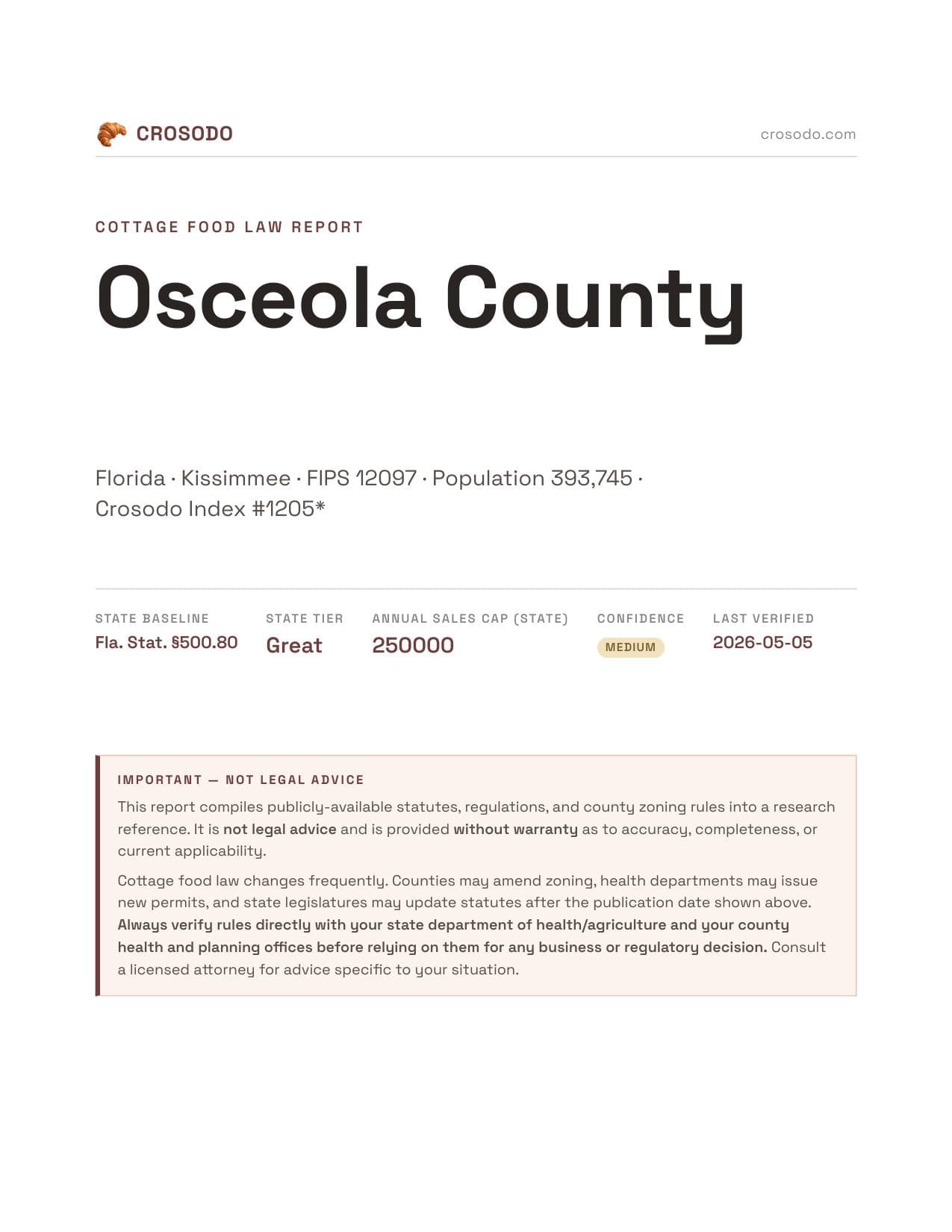 Cover of Osceola County county cottage food report