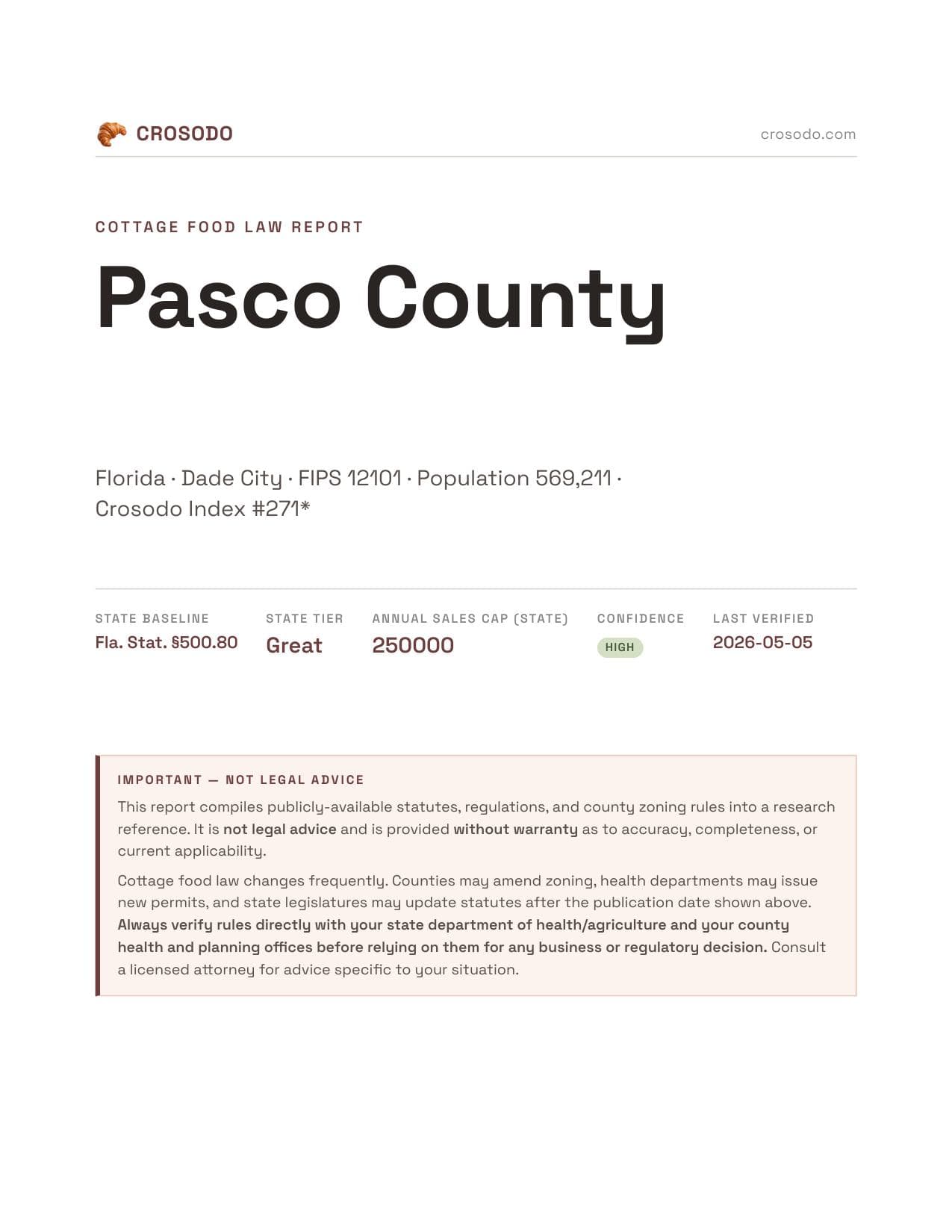 Cover of Pasco County county cottage food report