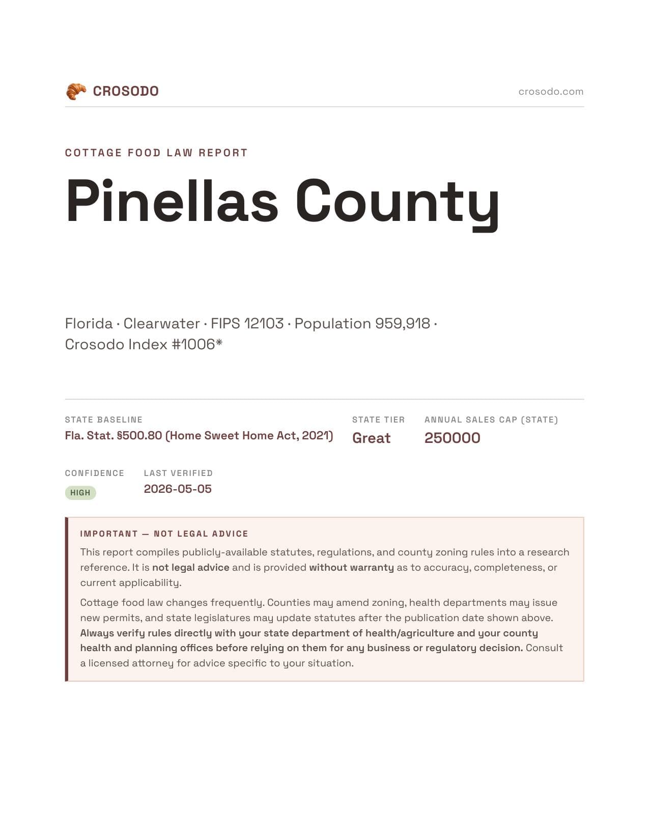 Cover of Pinellas County county cottage food report
