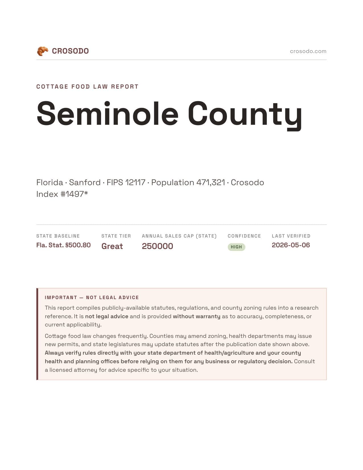 Cover of Seminole County county cottage food report