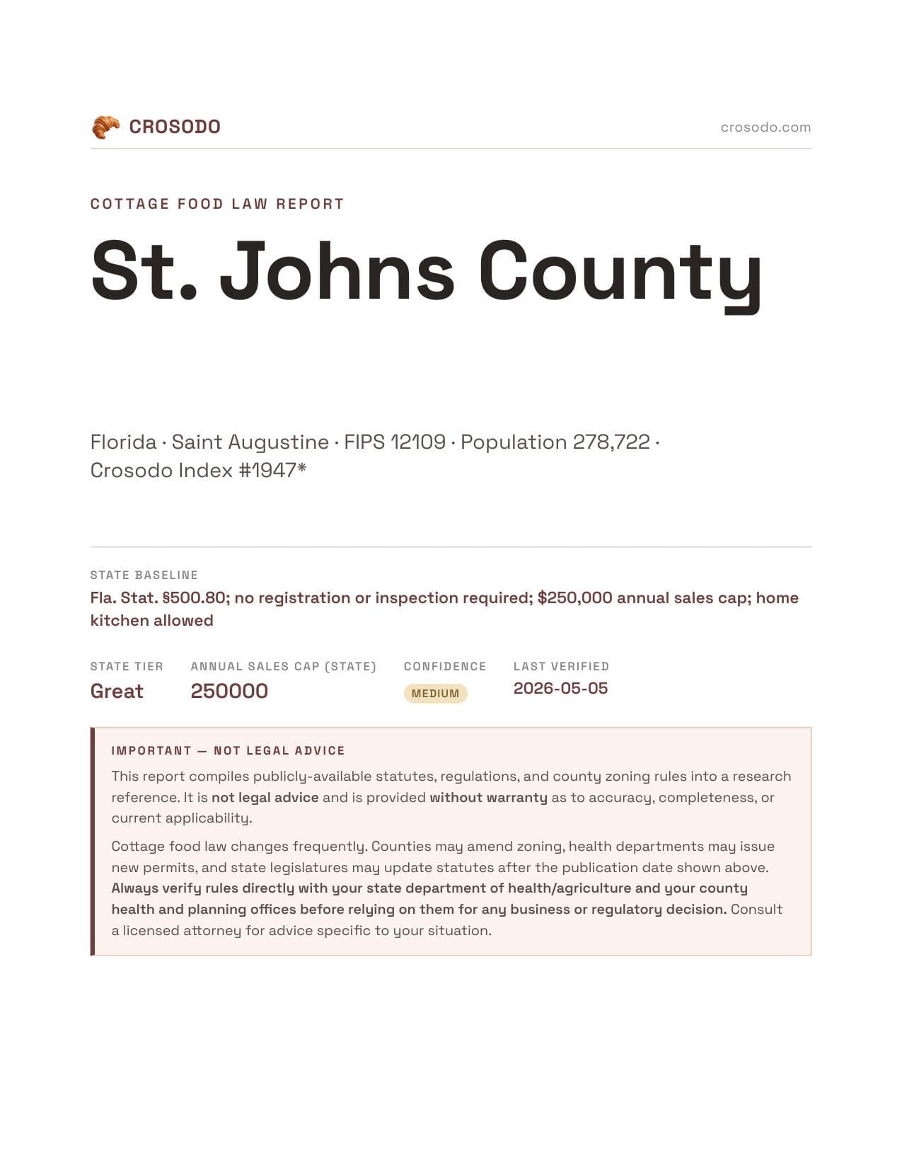 Cover of St. Johns County county cottage food report