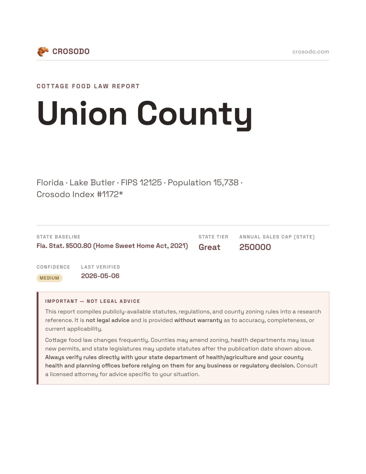 Cover of Union County county cottage food report