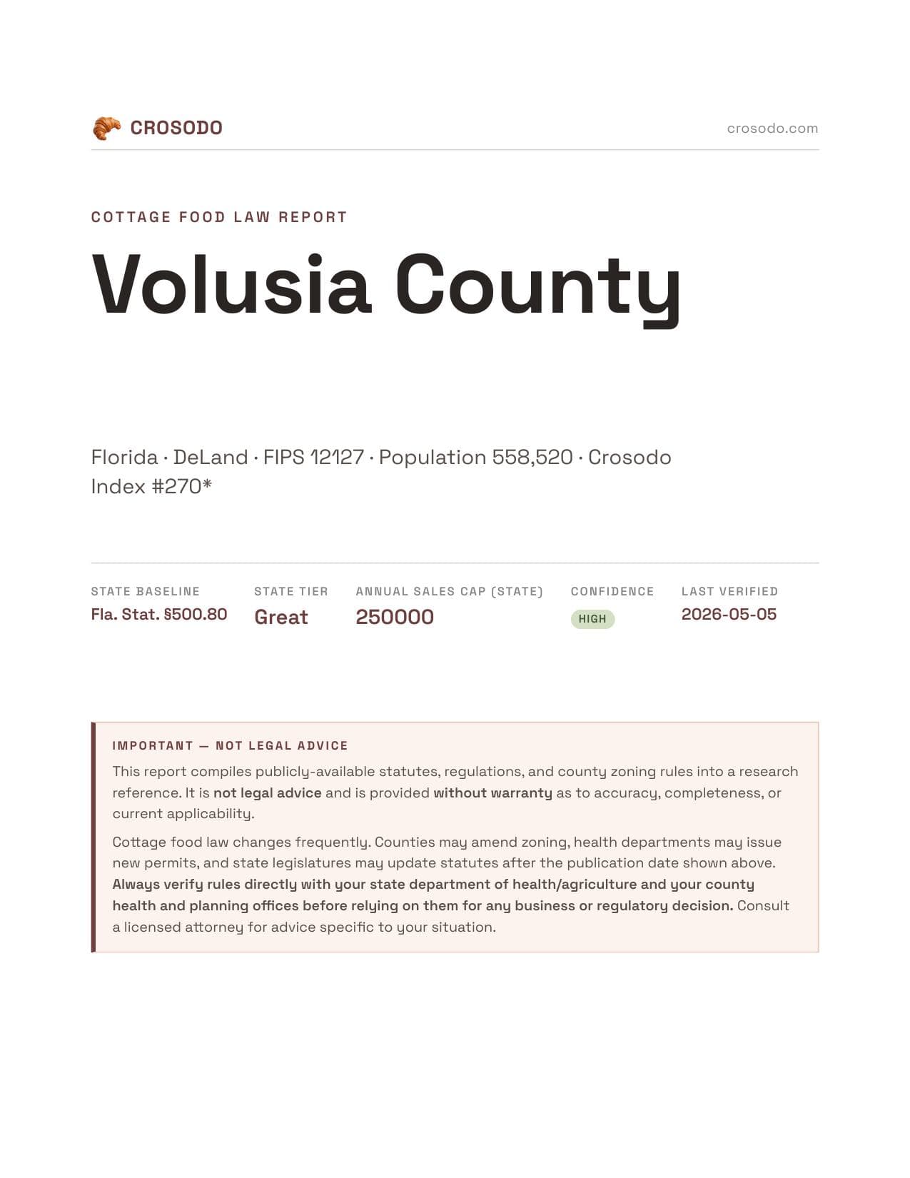 Cover of Volusia County county cottage food report
