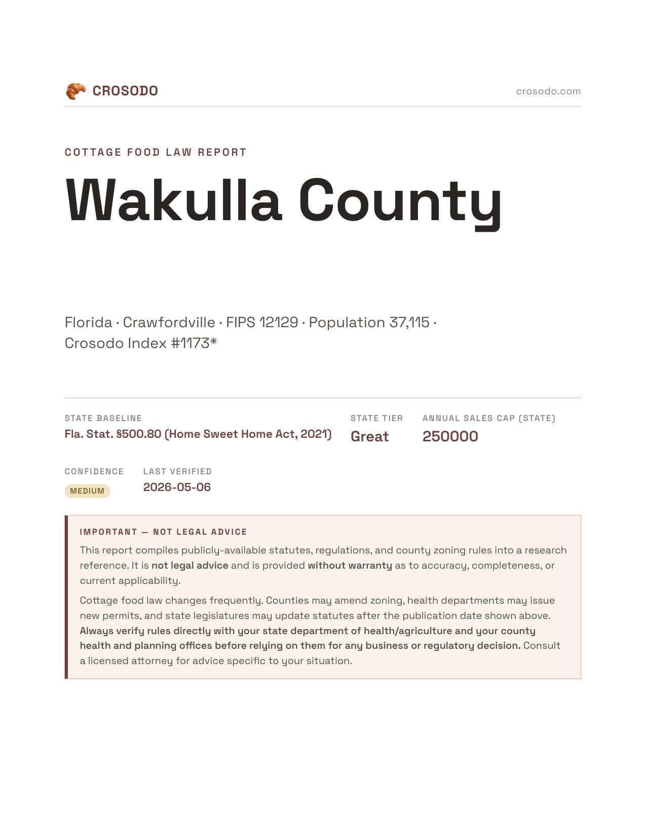 Cover of Wakulla County county cottage food report