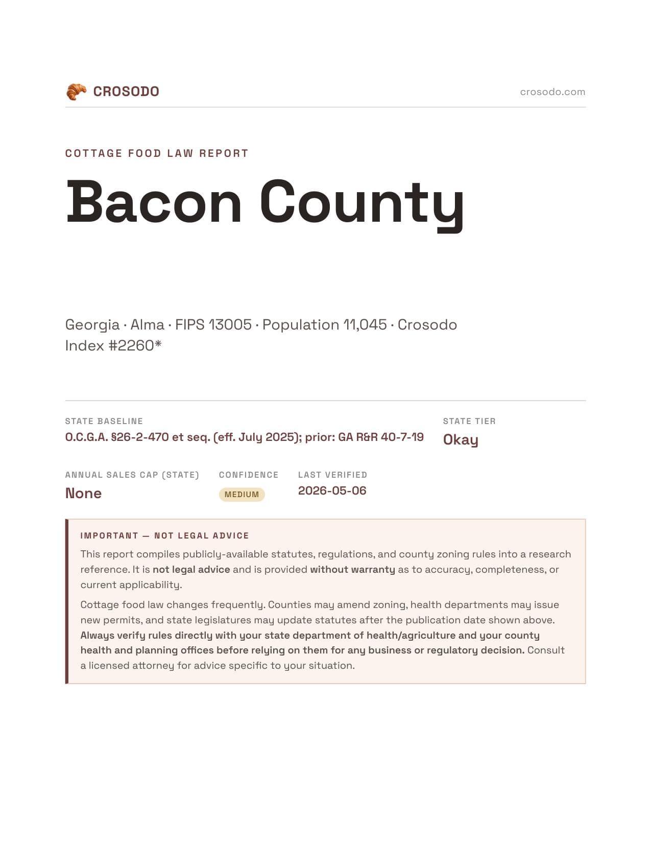 Cover of Bacon County, Georgia cottage food report