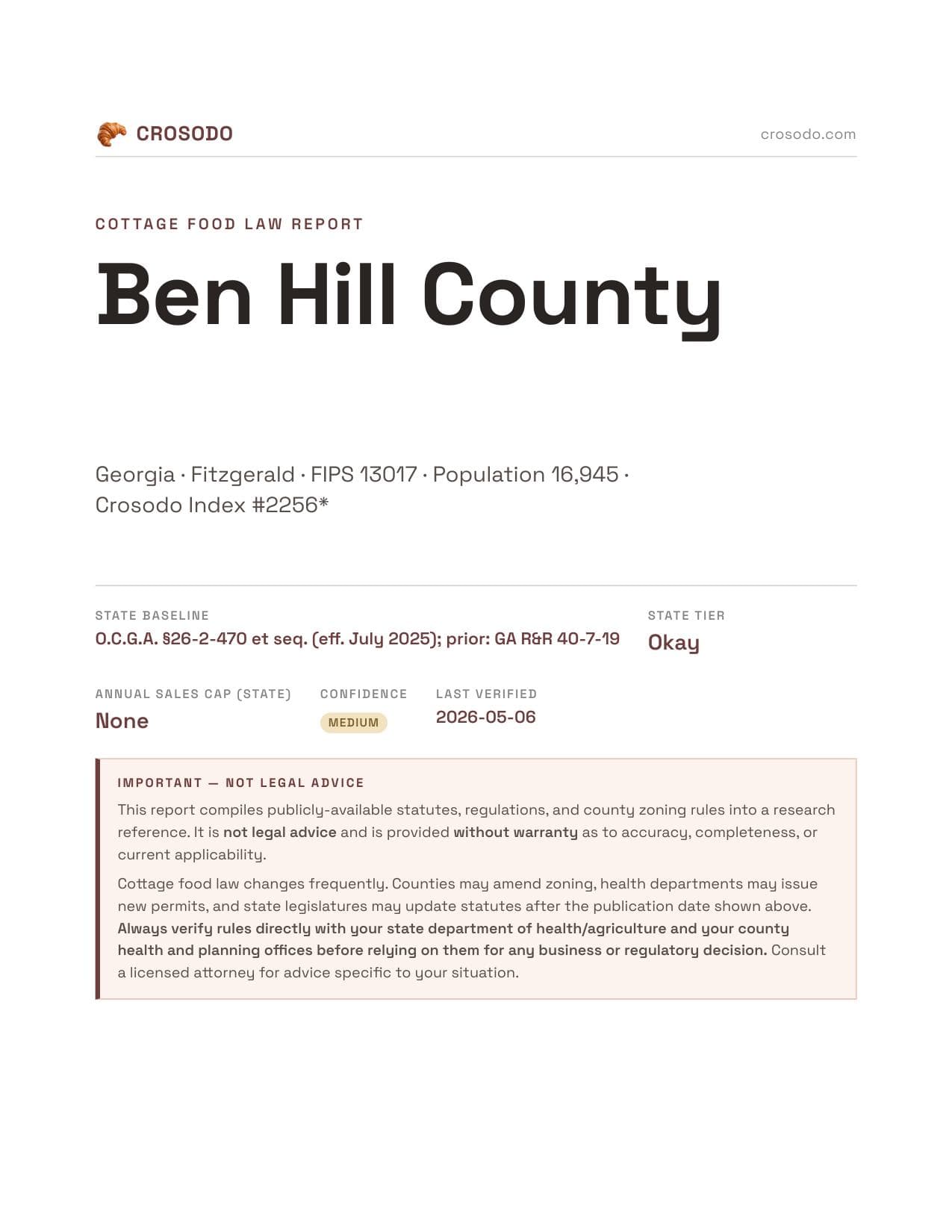 Cover of Ben Hill County county cottage food report