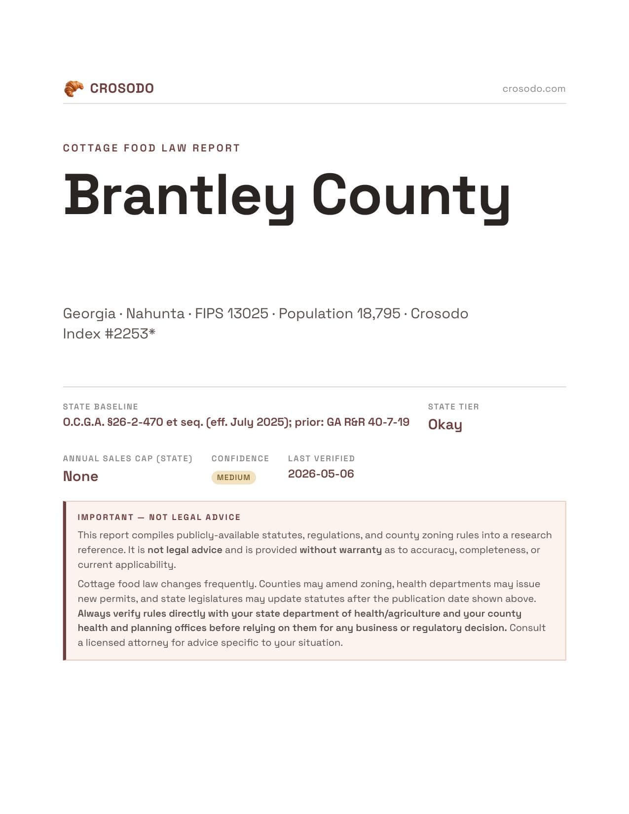 Cover of Brantley County county cottage food report
