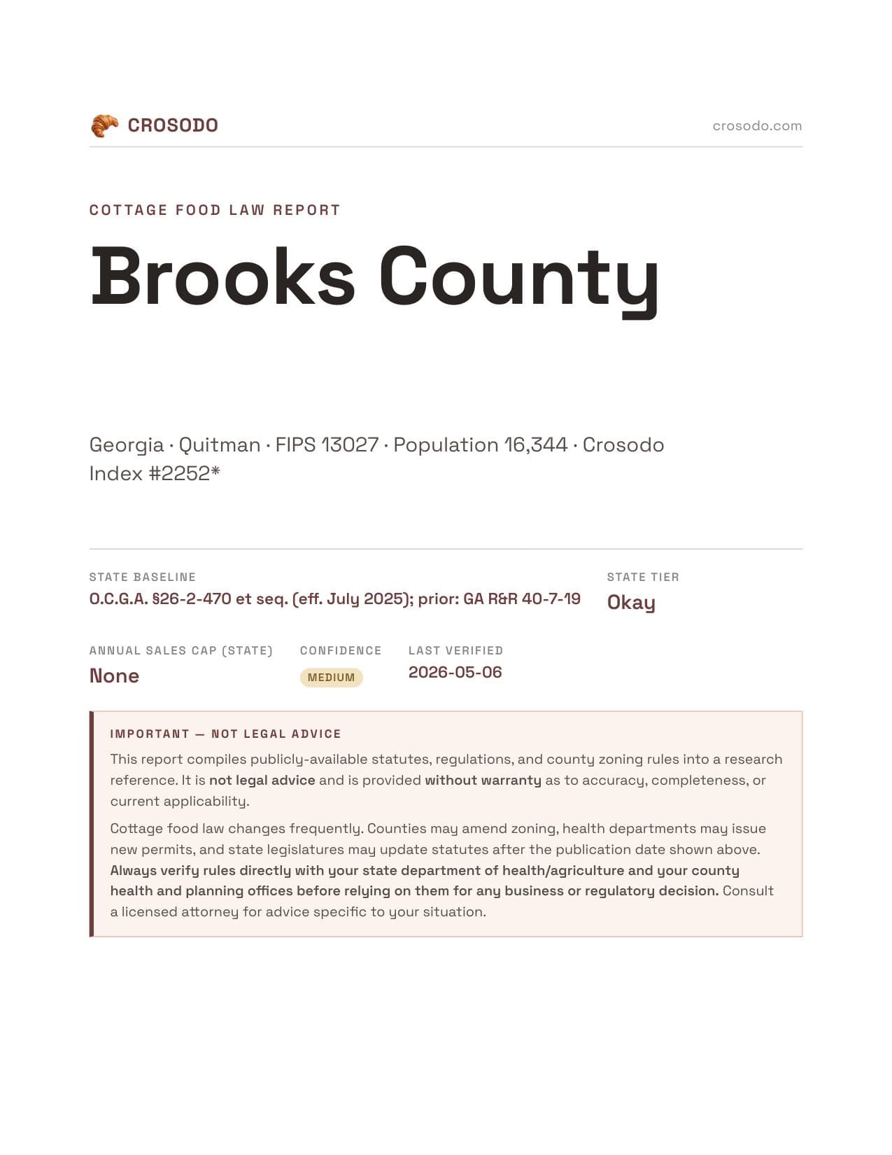 Cover of Brooks County county cottage food report