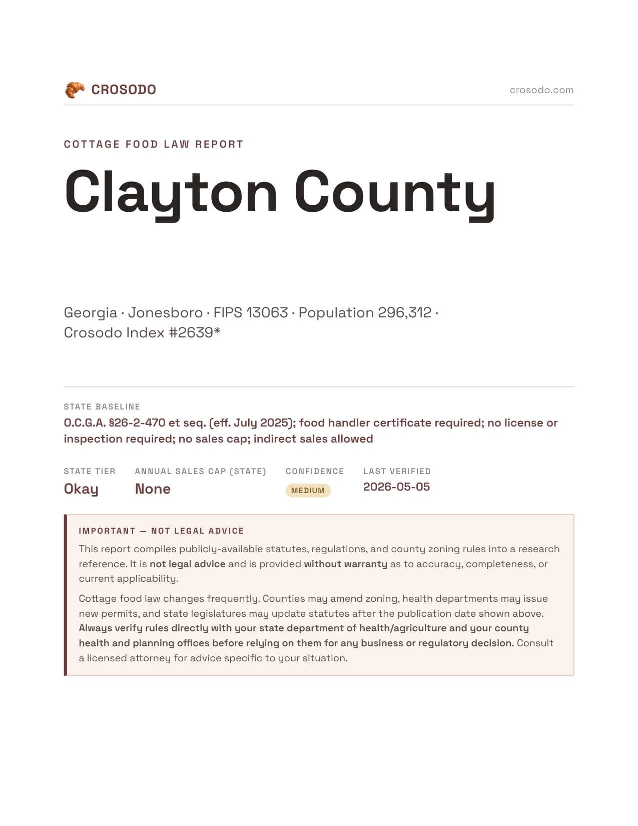 Cover of Clayton County county cottage food report