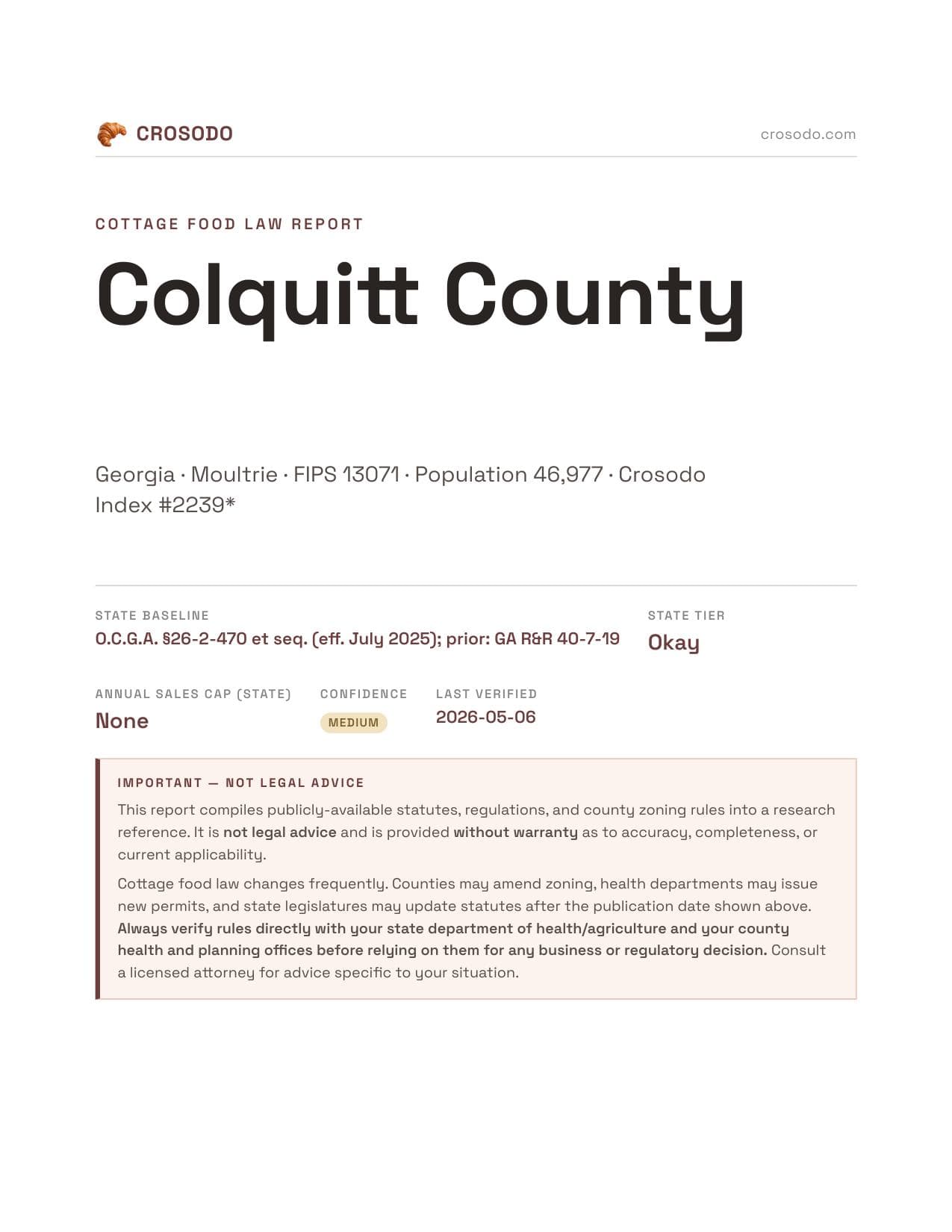 Cover of Colquitt County county cottage food report