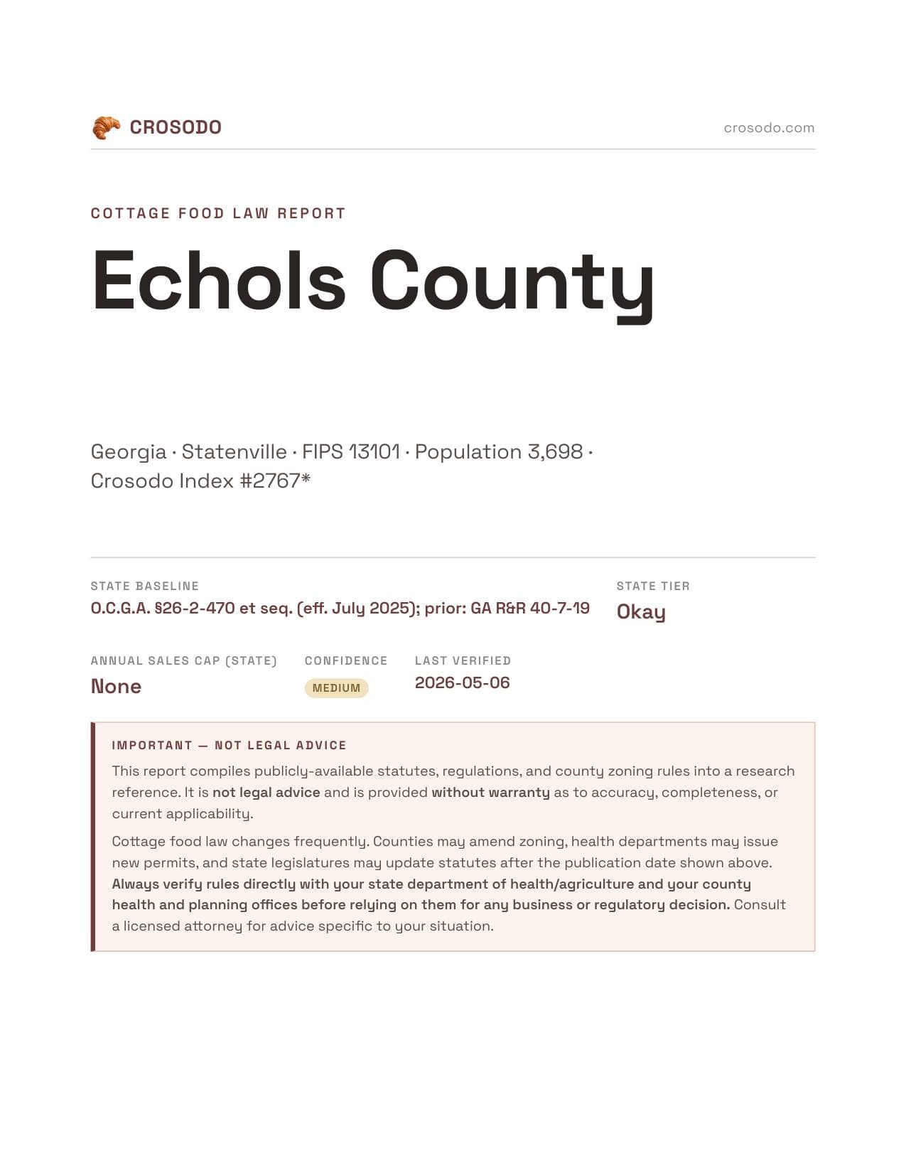 Cover of Echols County county cottage food report