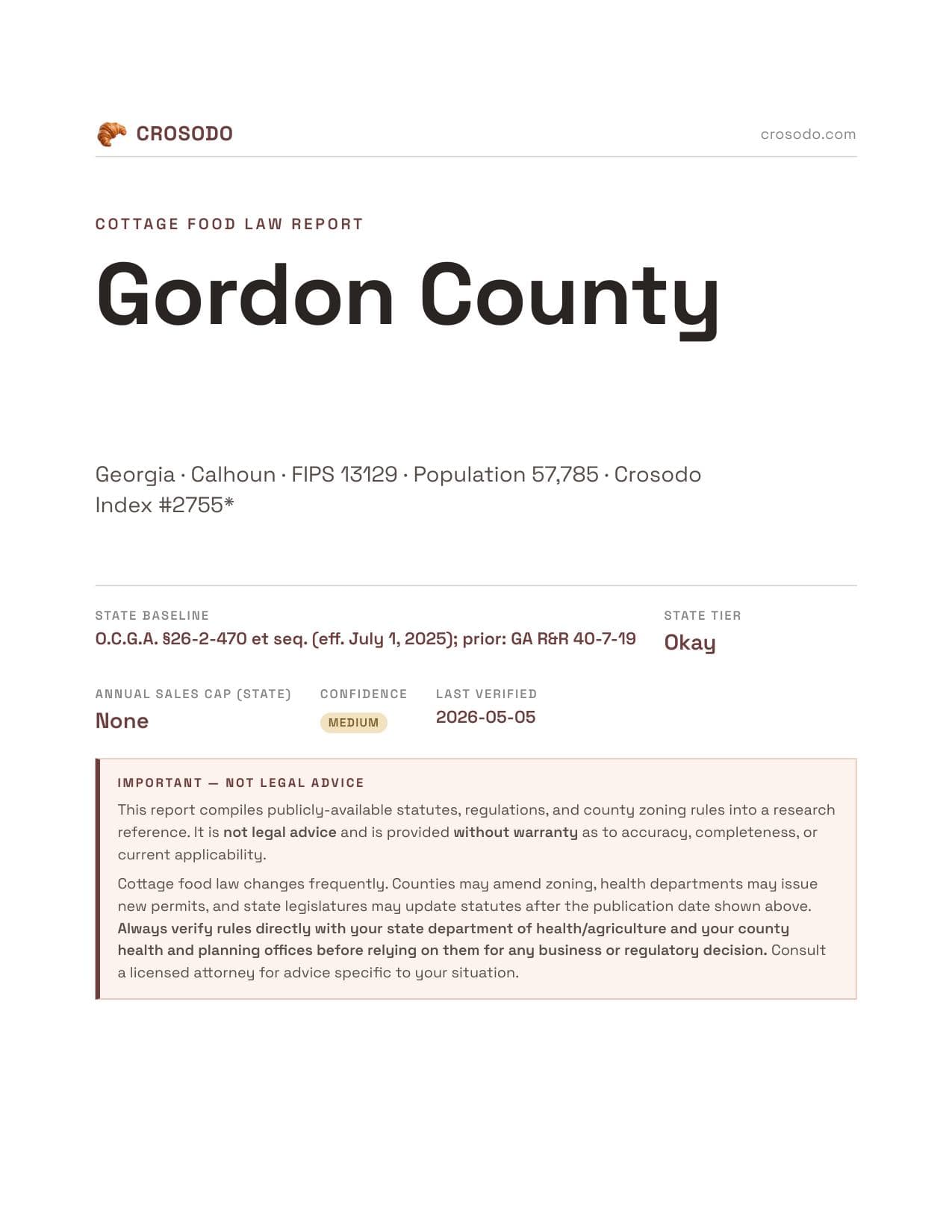 Cover of Gordon County county cottage food report