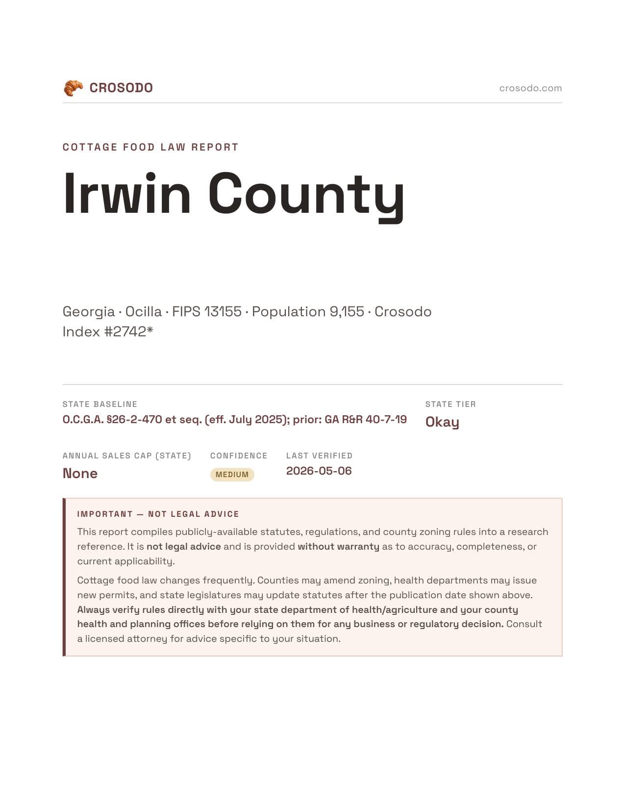 Cover of Irwin County county cottage food report