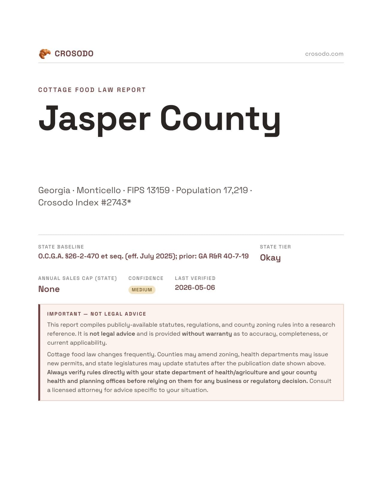 Cover of Jasper County county cottage food report