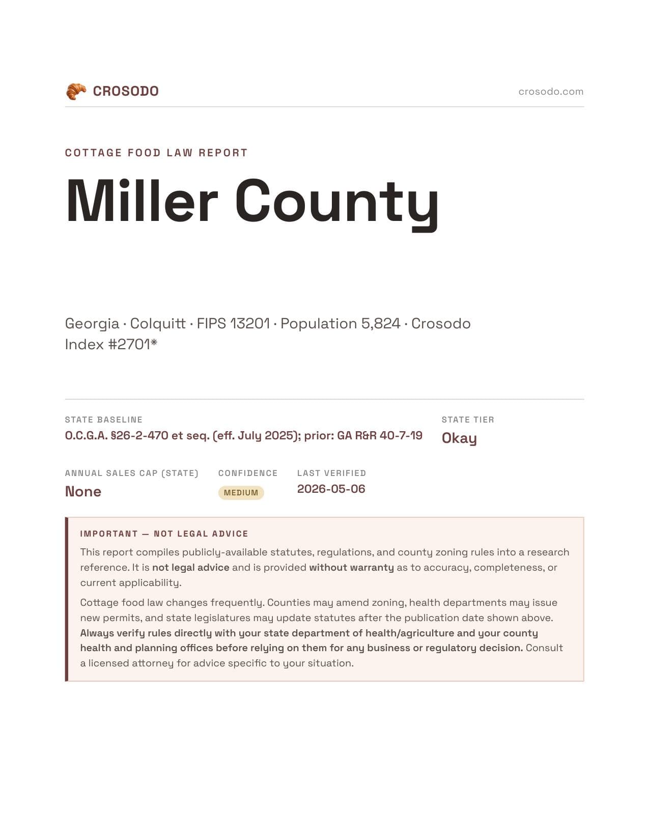 Cover of Miller County county cottage food report