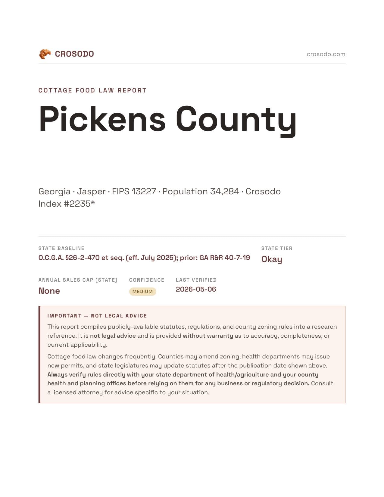 Cover of Pickens County, Georgia cottage food report