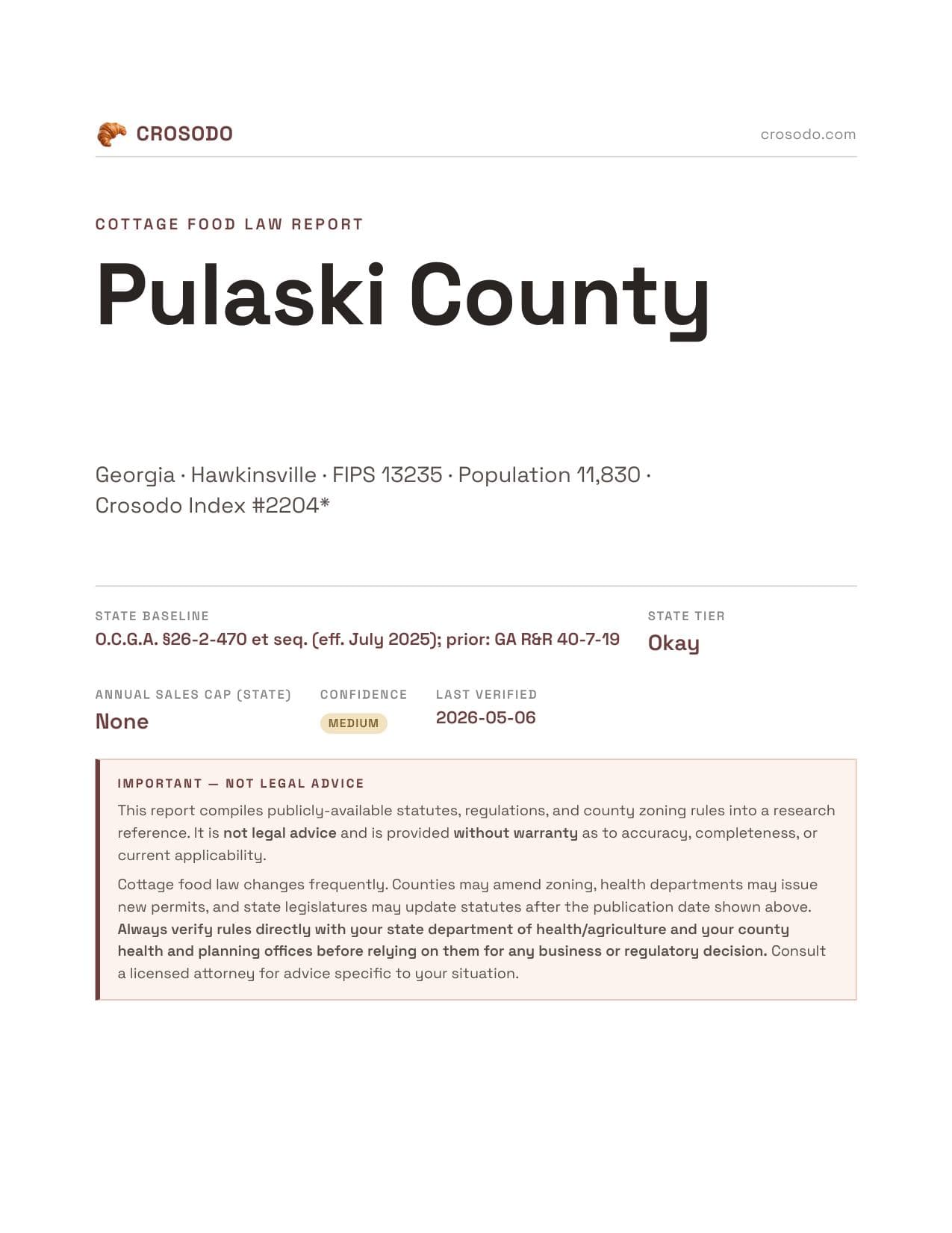 Cover of Pulaski County, Georgia cottage food report