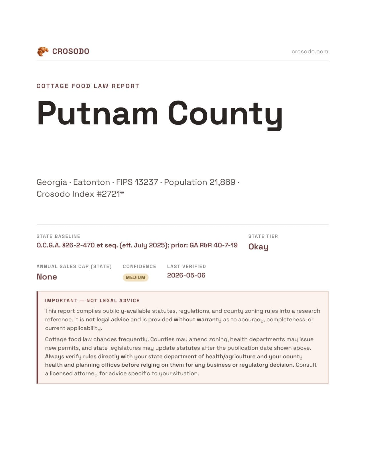 Cover of Putnam County county cottage food report