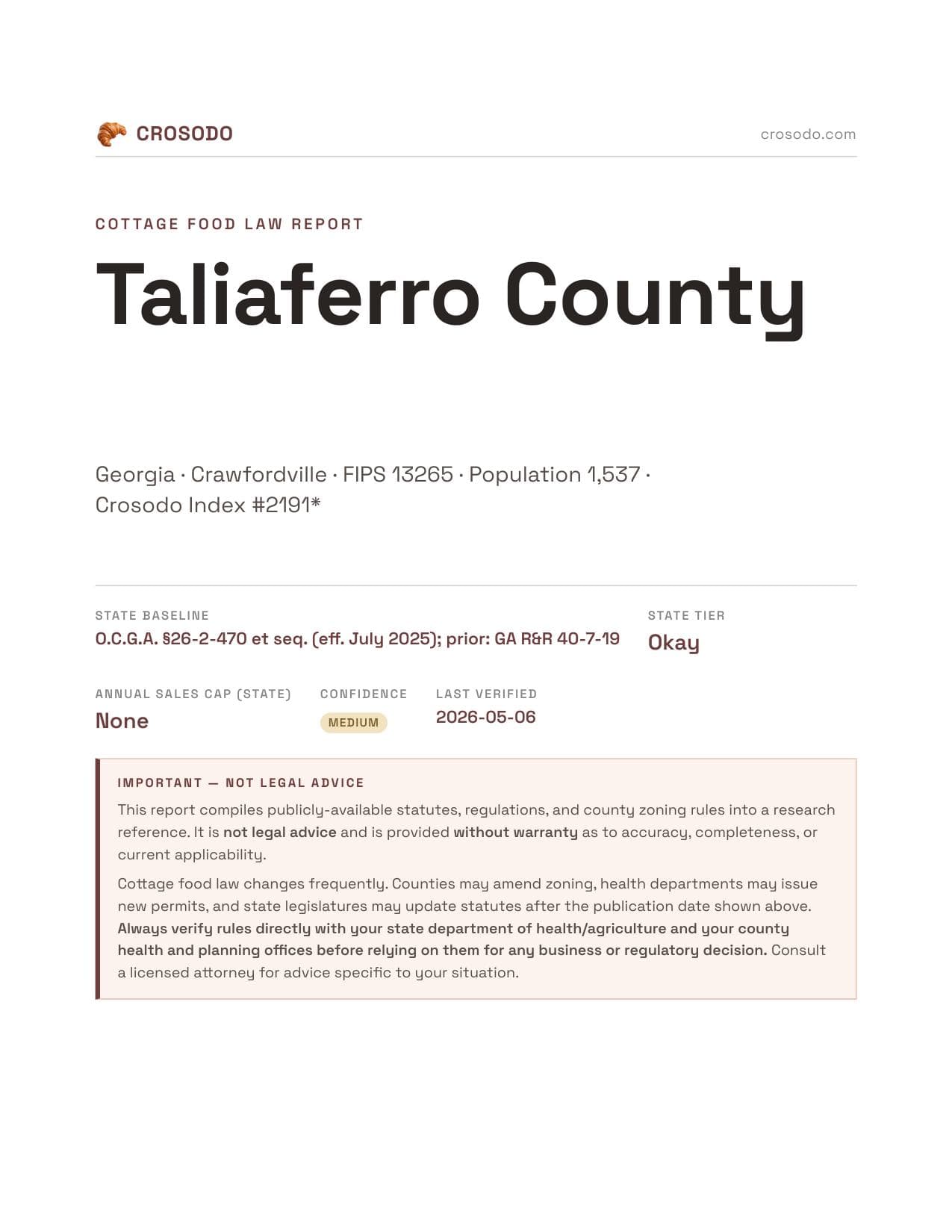 Cover of Taliaferro County county cottage food report