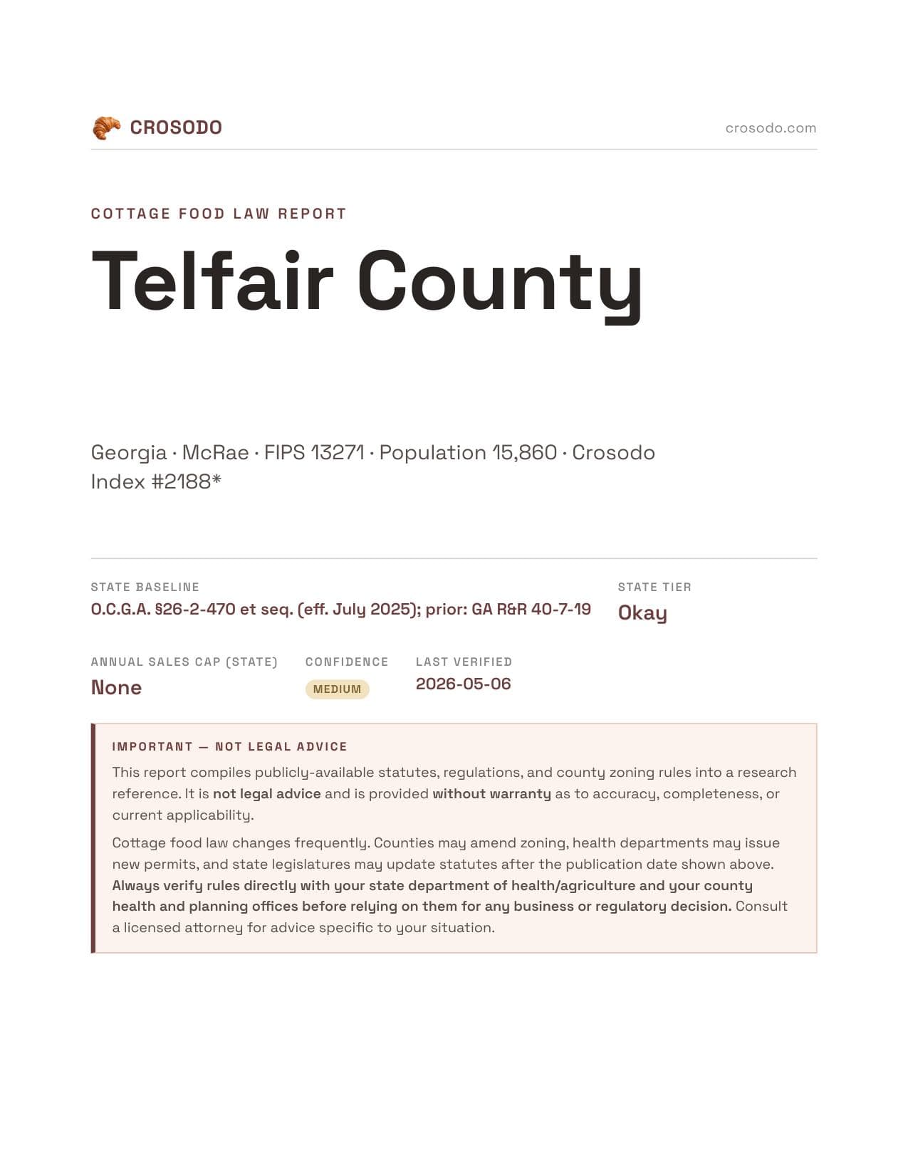 Cover of Telfair County county cottage food report