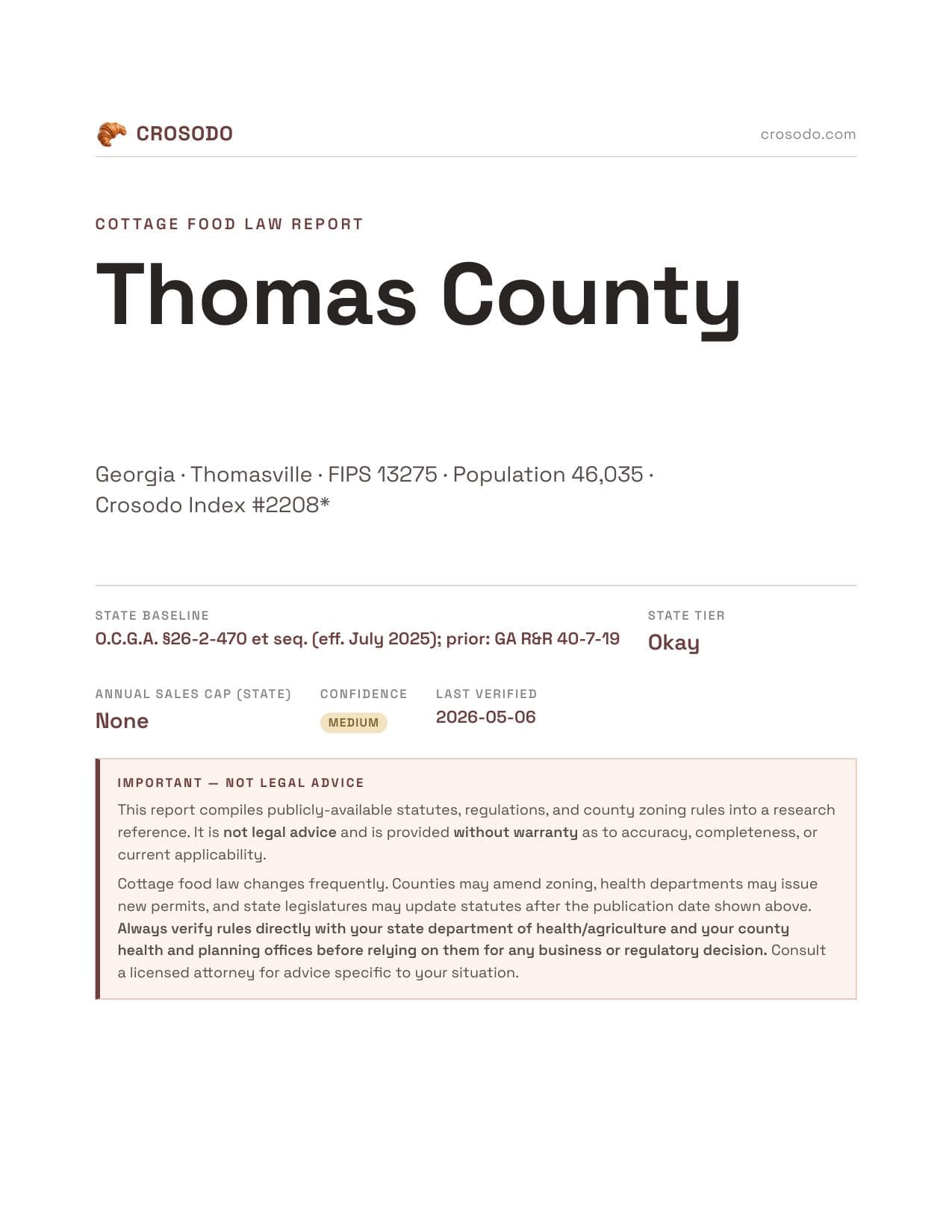Cover of Thomas County county cottage food report