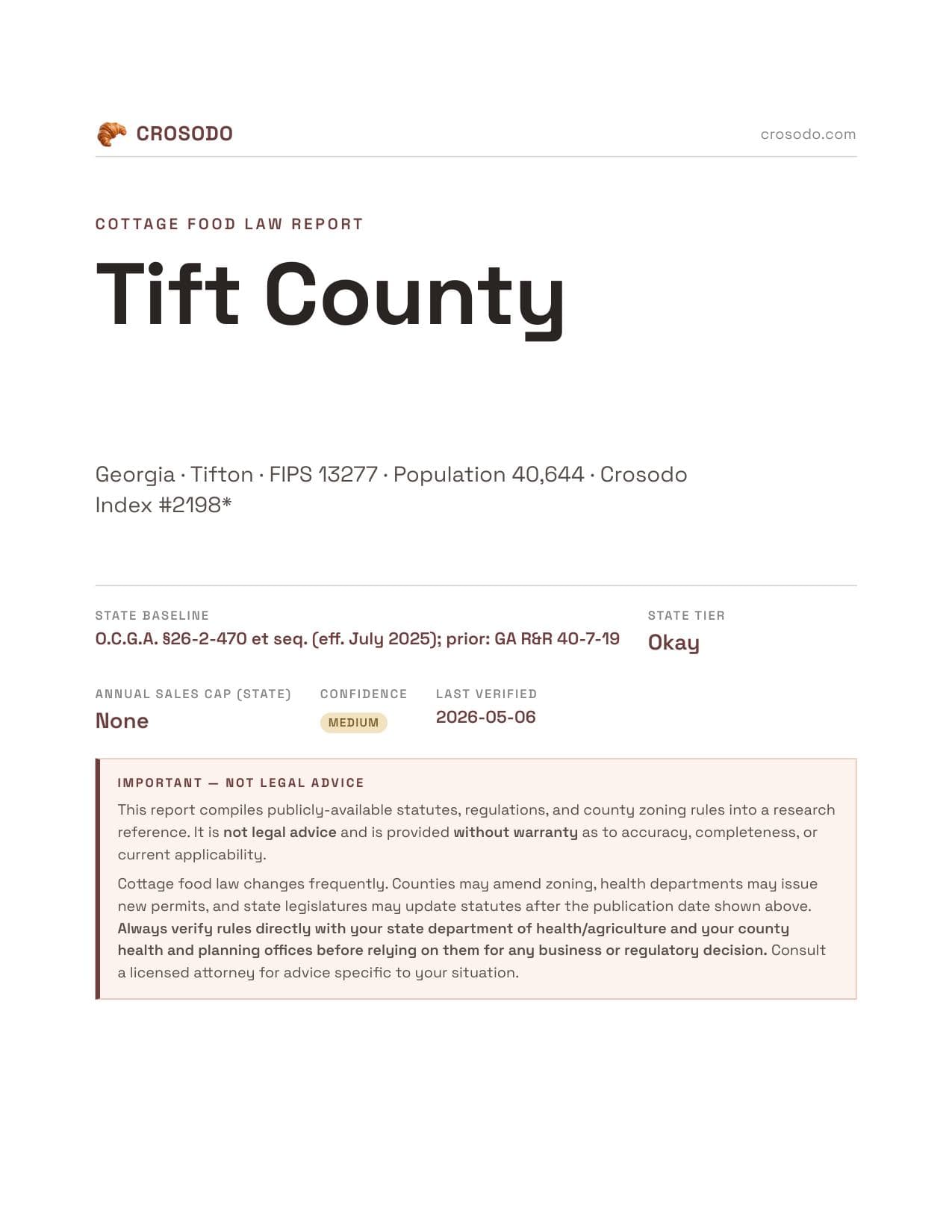 Cover of Tift County county cottage food report