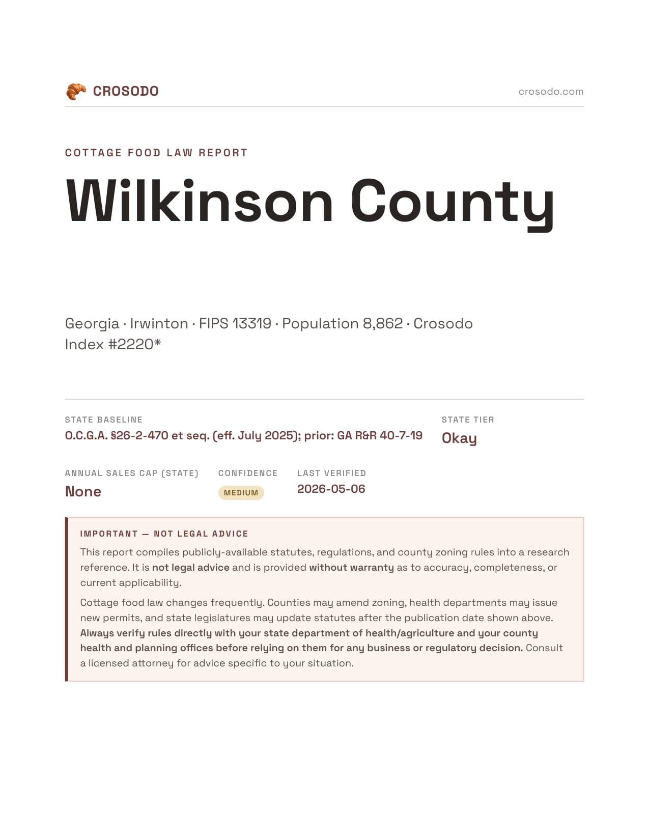 Cover of Wilkinson County county cottage food report