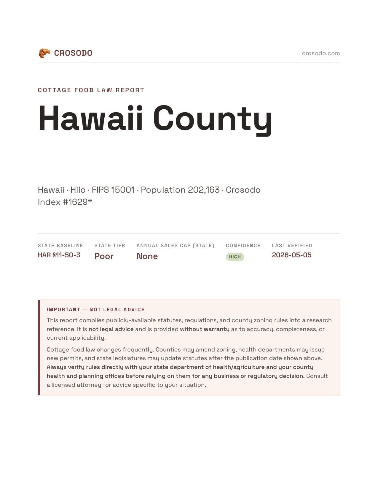 Cover of Hawaii County county cottage food report