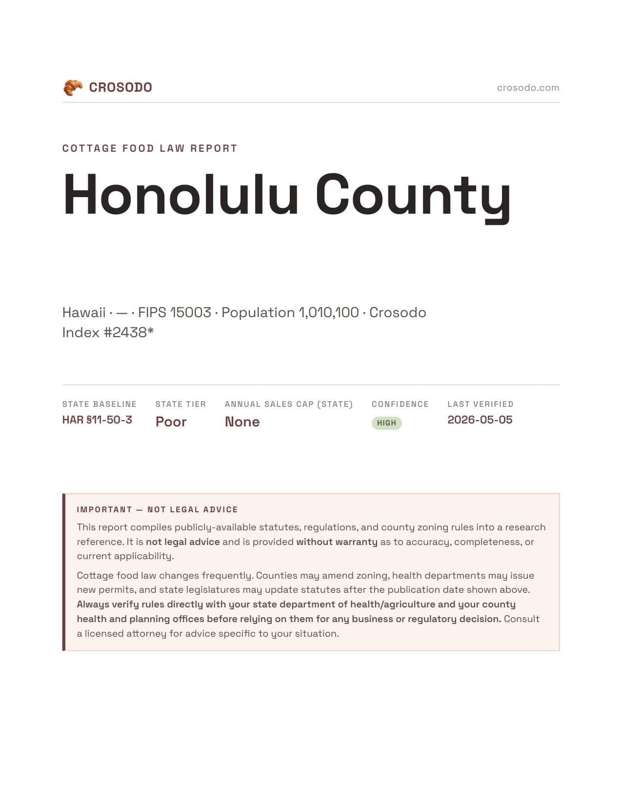 Cover of Honolulu County county cottage food report