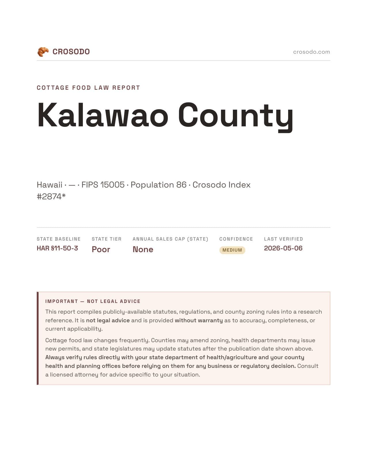 Cover of Kalawao County county cottage food report