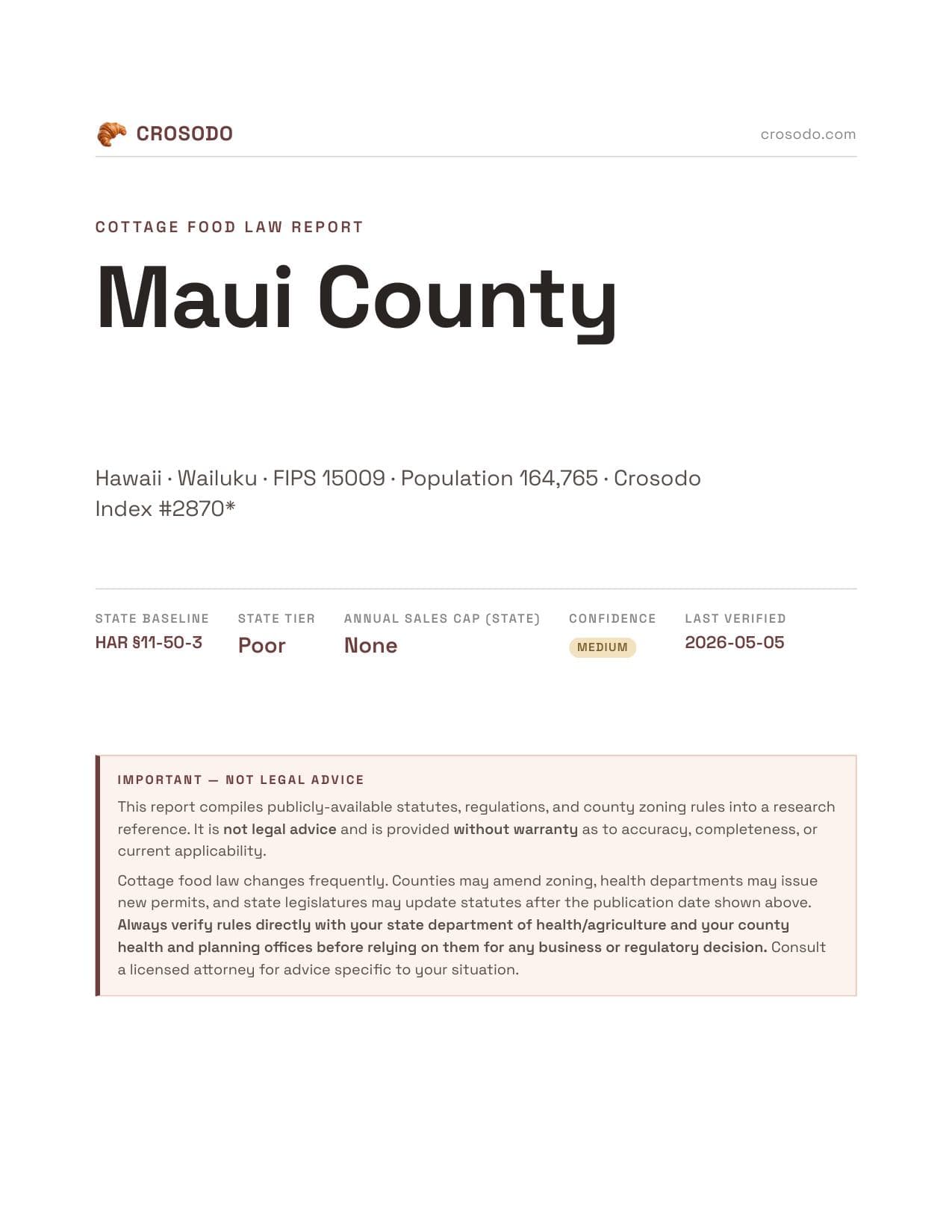 Cover of Maui County county cottage food report
