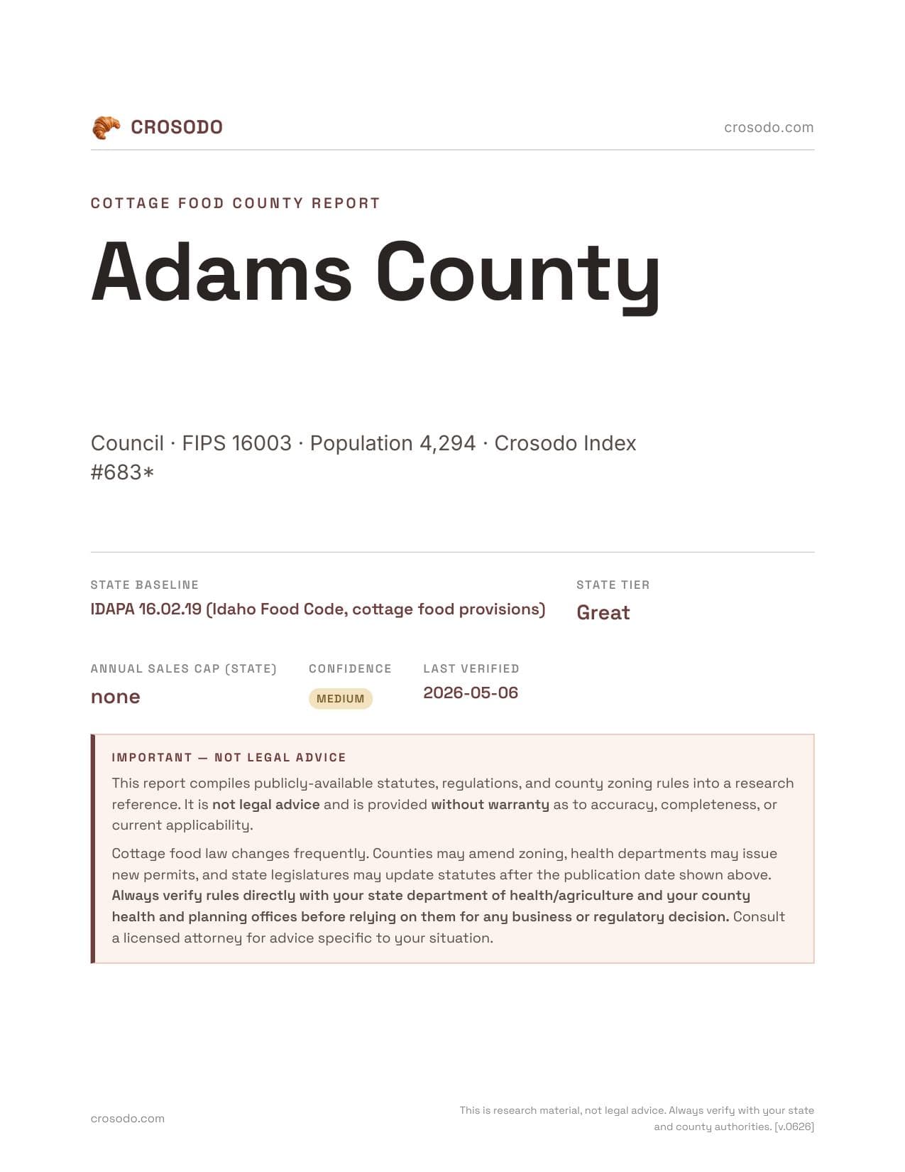 Cover of Adams County county cottage food report