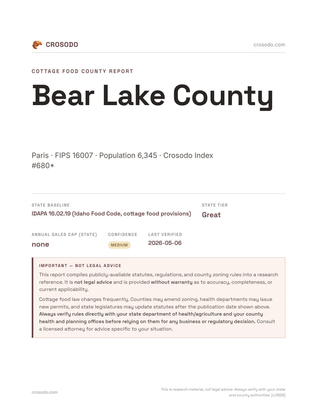 Cover of Bear Lake County county cottage food report