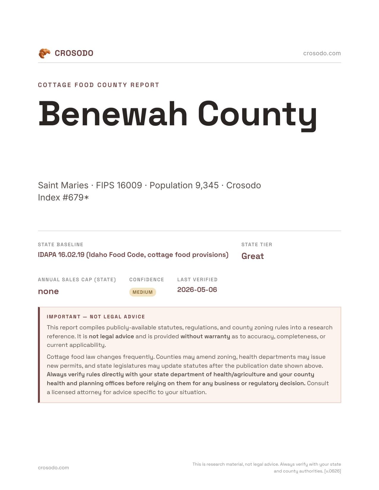 Cover of Benewah County county cottage food report