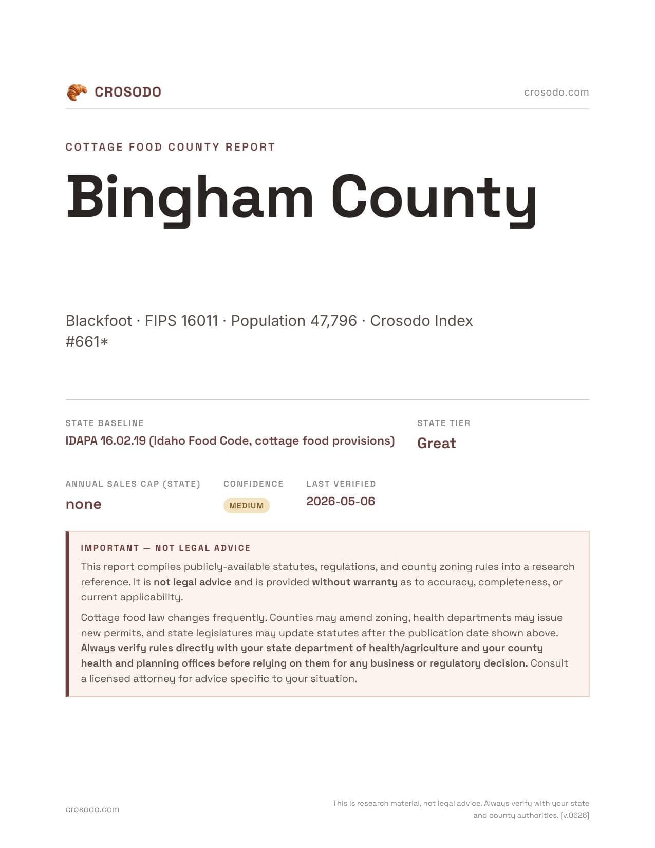 Cover of Bingham County county cottage food report