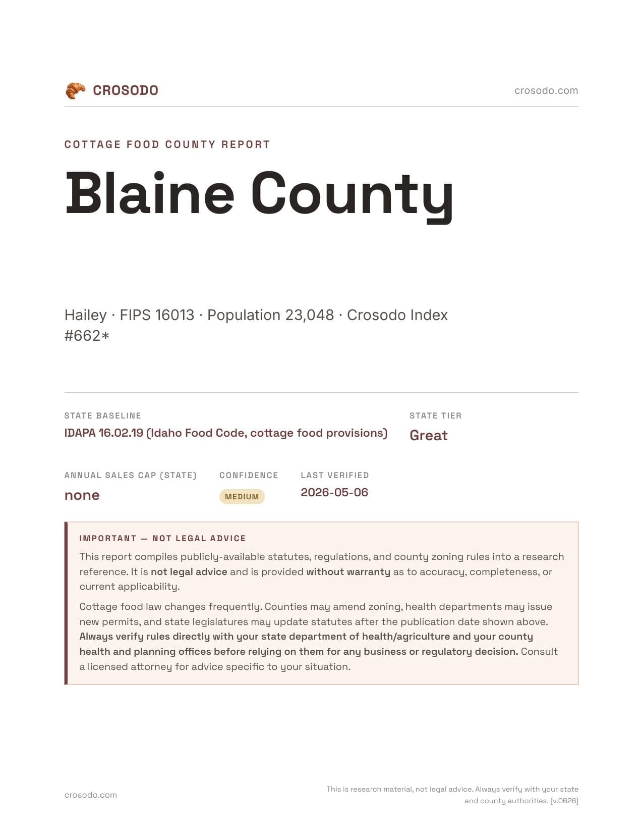 Cover of Blaine County county cottage food report