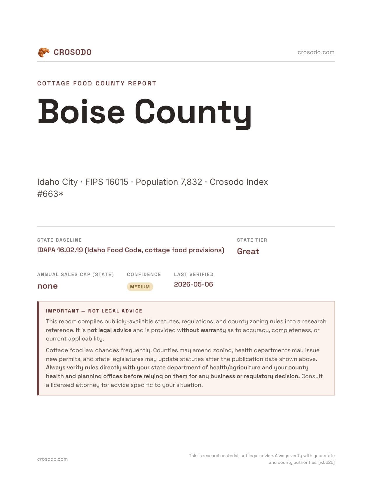Cover of Boise County county cottage food report