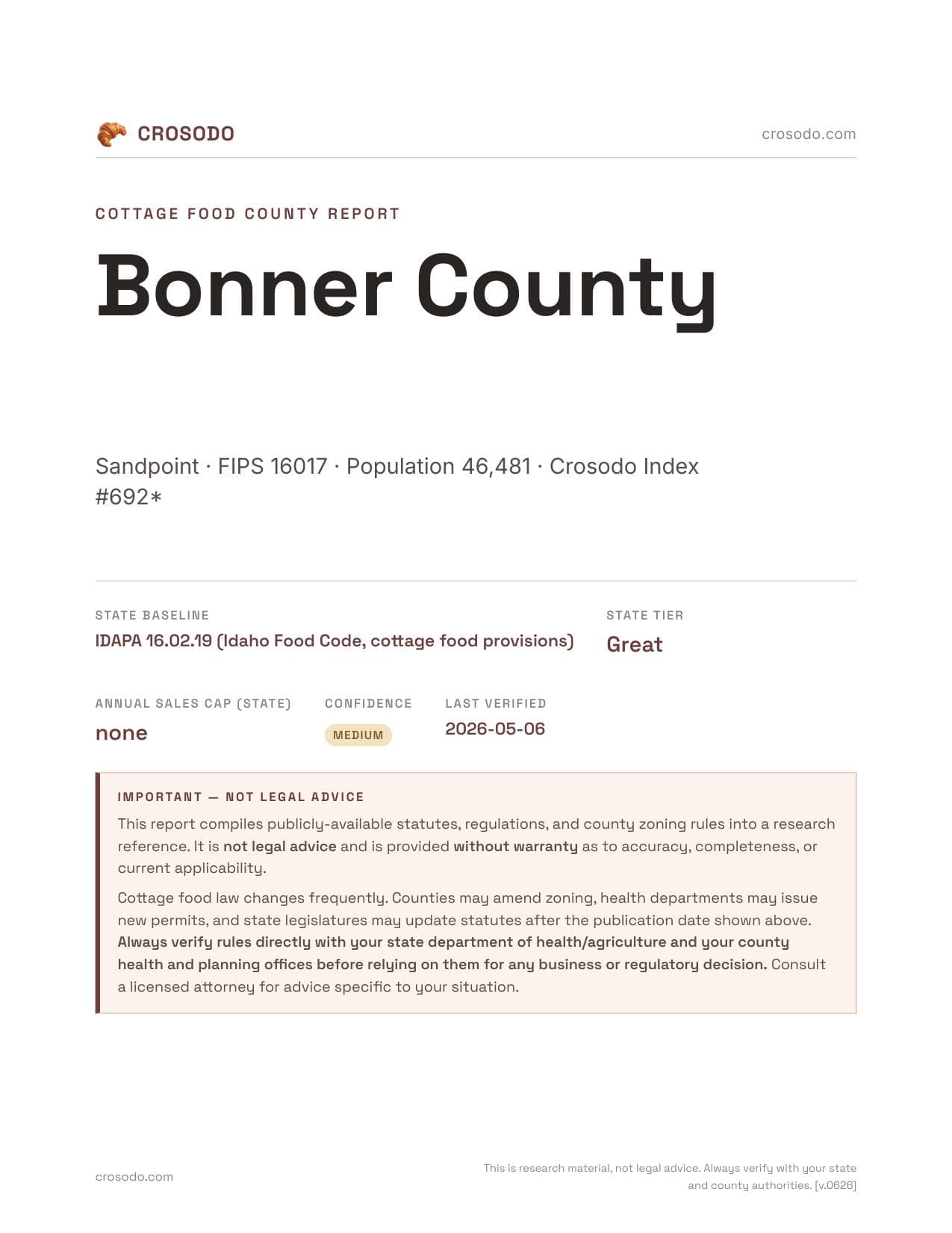 Cover of Bonner County county cottage food report