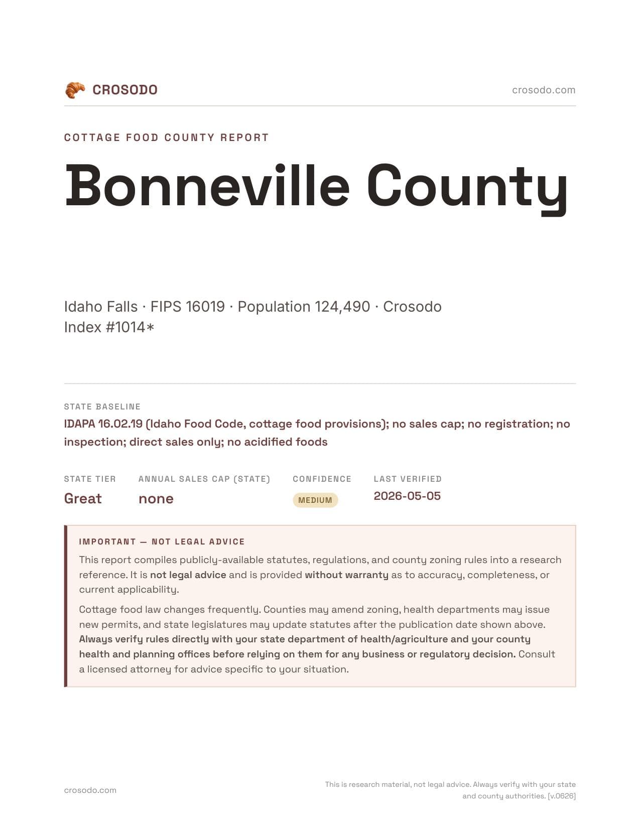 Cover of Bonneville County county cottage food report