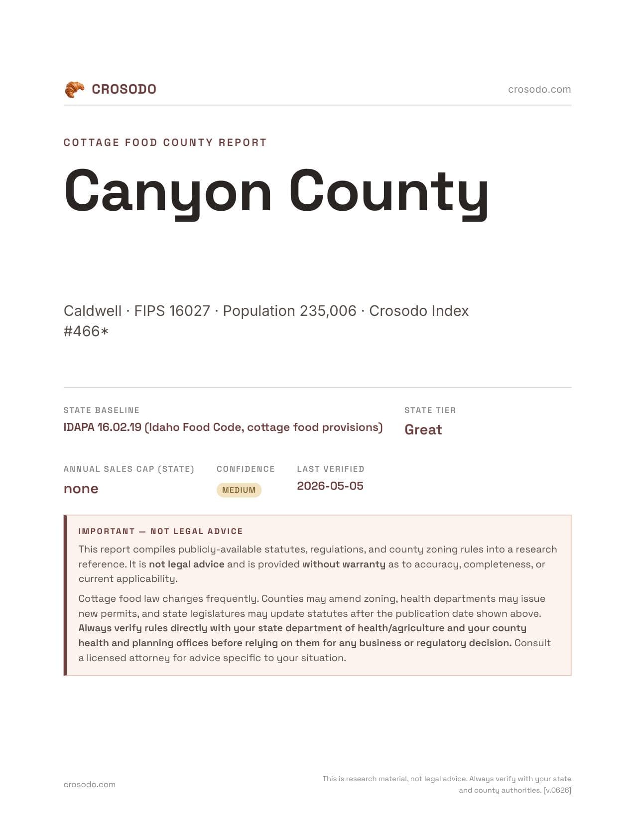 Cover of Canyon County county cottage food report