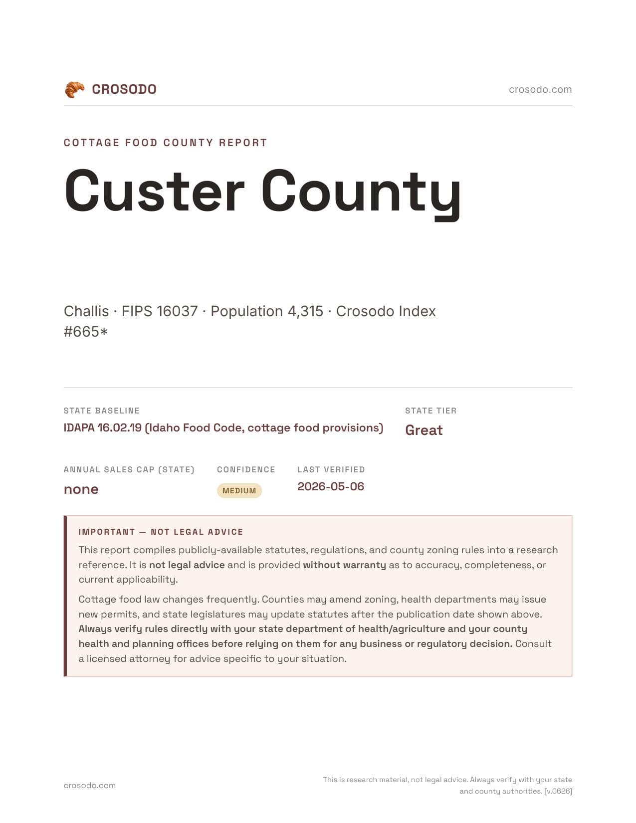 Cover of Custer County county cottage food report