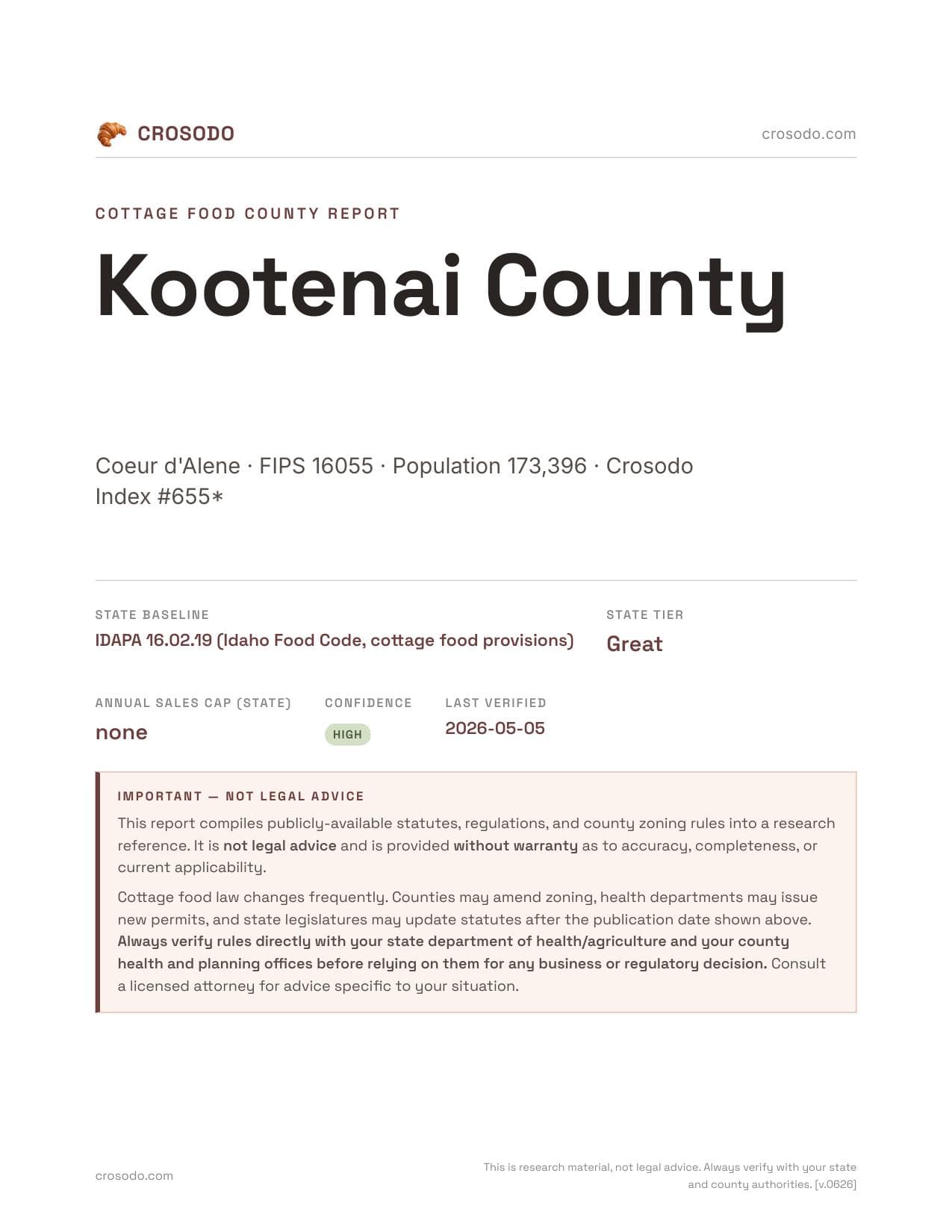 Cover of Kootenai County county cottage food report