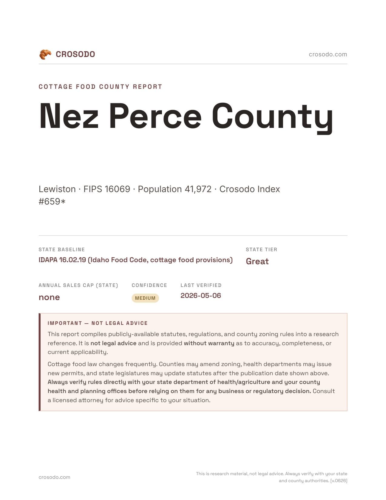 Cover of Nez Perce County county cottage food report