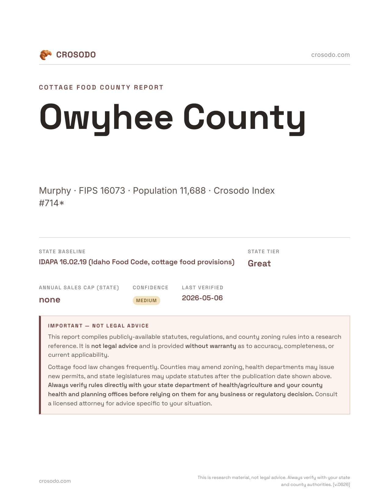 Cover of Owyhee County county cottage food report